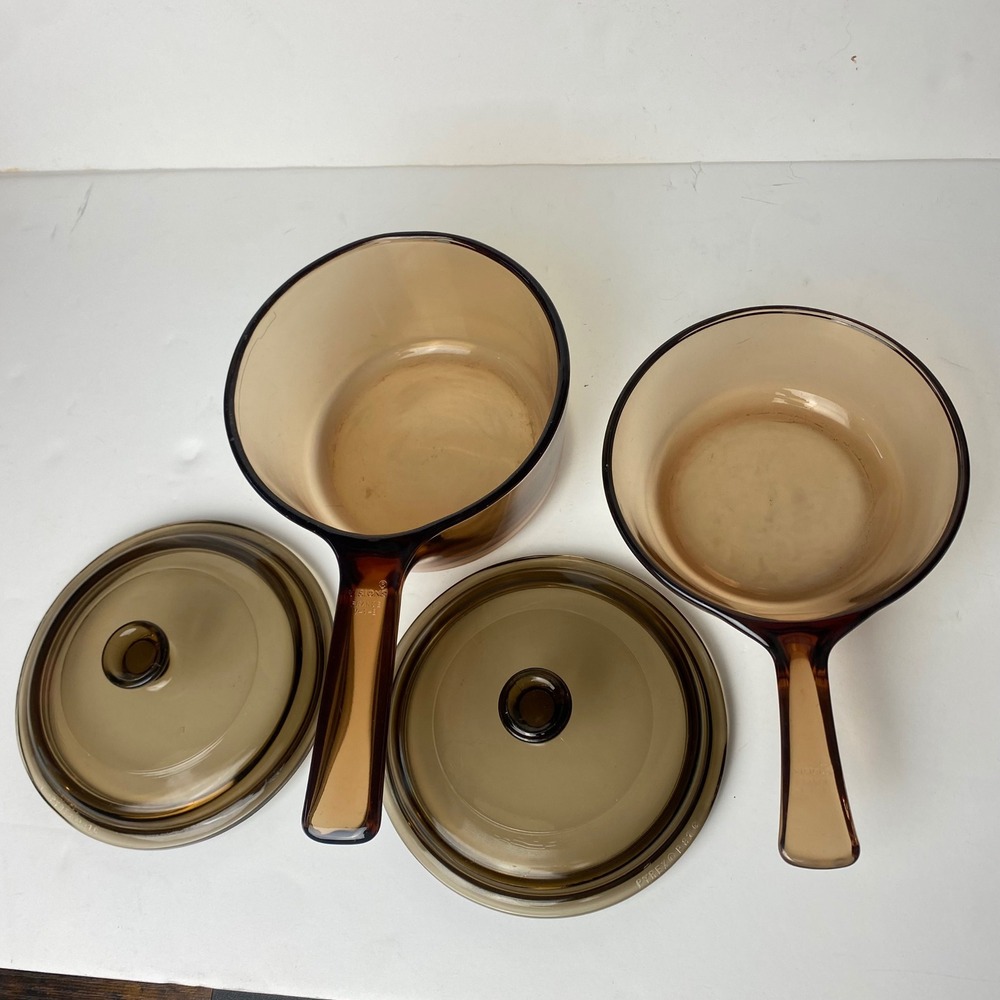 Vintage Visions Corning Amber Glass Saucepan Set 1L 1.5L V-1-B France with Lids - Picture 6 of 14
